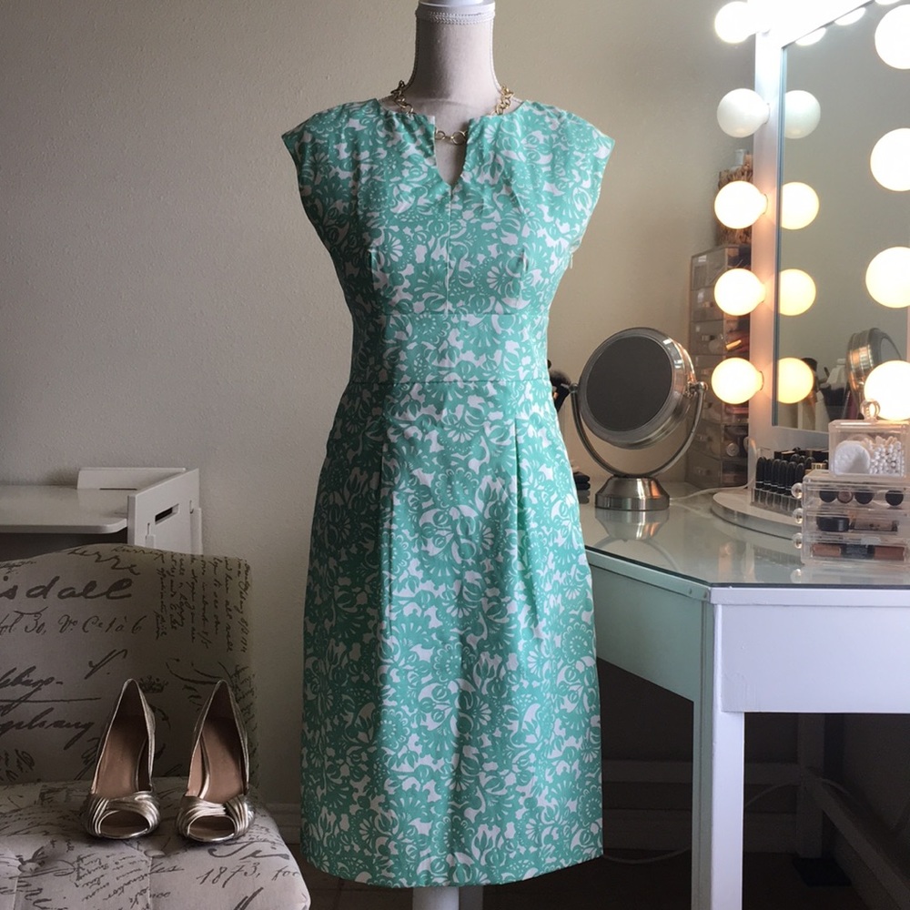 Merona Teal blue and white floral Sheath Dress